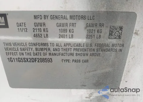 2013 Chevrolet Malibu 3Lt z USA, uszkodzony, nr VIN 1G11G5SX2DF208593